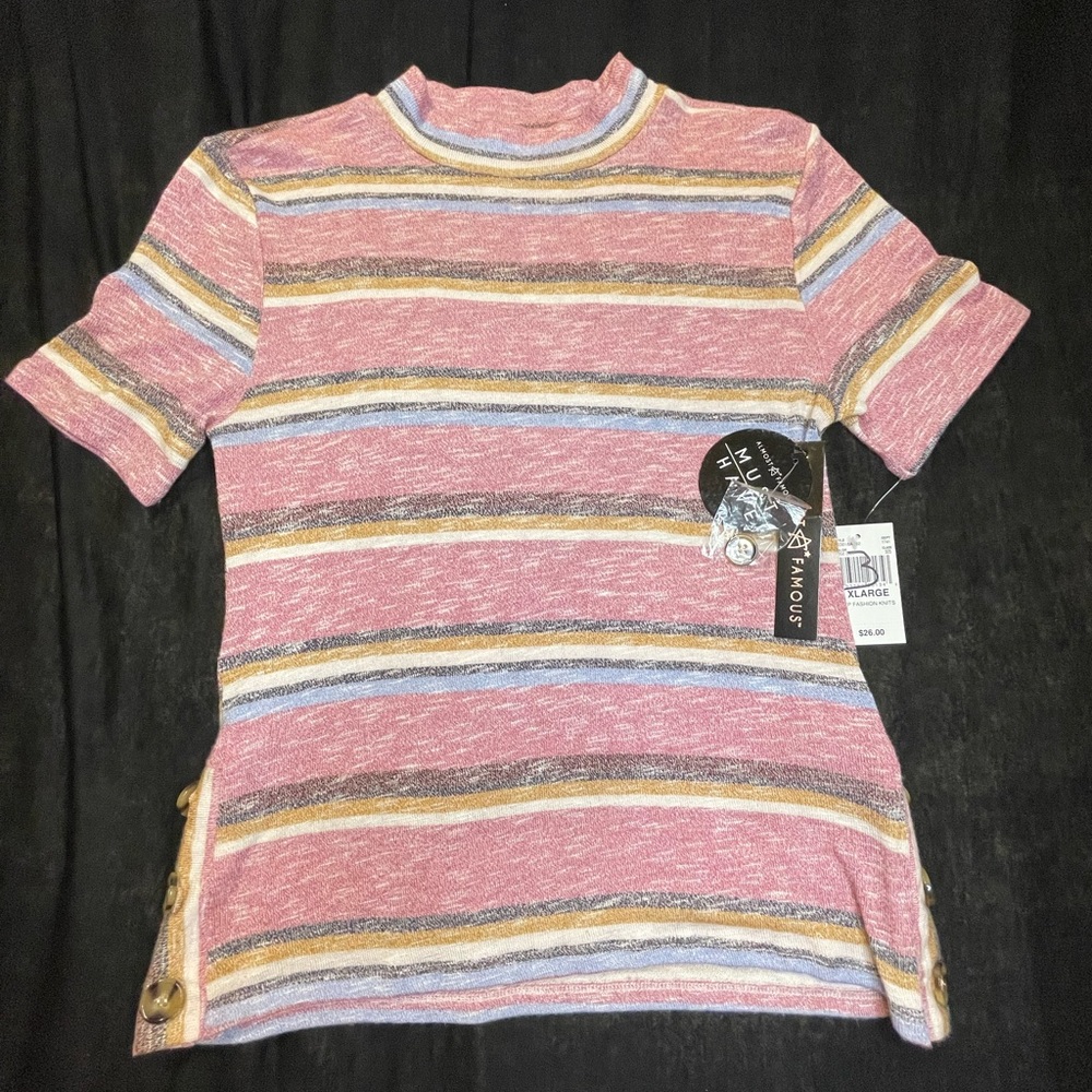 Almost Famous Sweater XL Knit Mock TurtleNeck Striped Side Buttons Rose Dust NWT